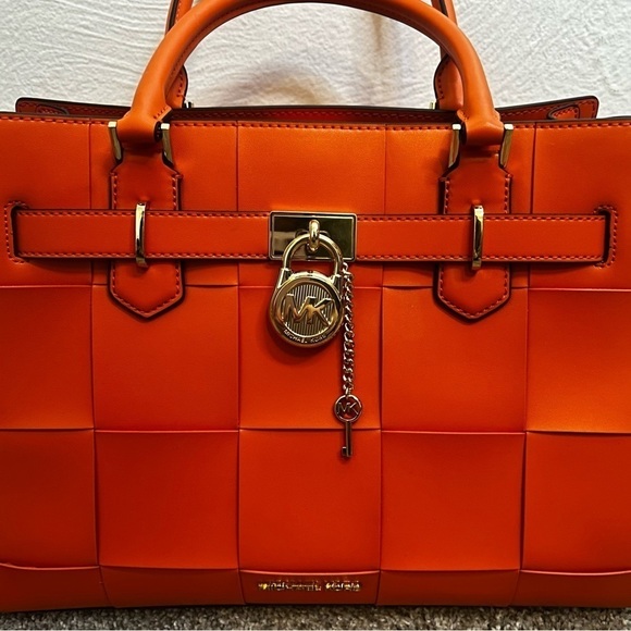Michael Kors Hamilton Legacy Woven Leather Satchel in Poppy Orange - Picture 2 of 5